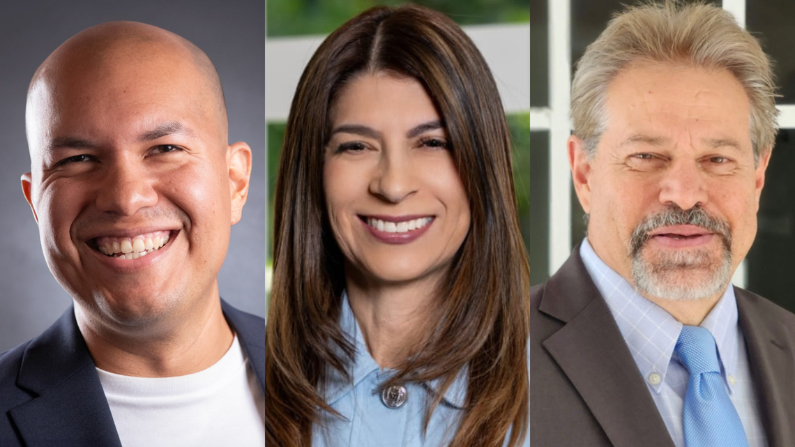 Miami Commission District 1 candidates Marvin Tapia, Mercedes Rodriguez and Miguel Gabela.