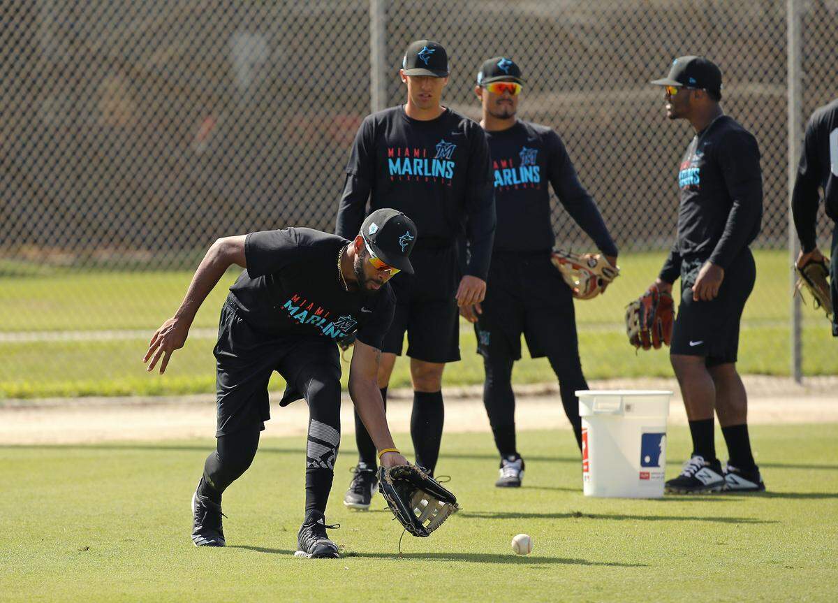 Miami Marlins minor league outfielder Tristan Pompey runs drills during spring training at the Roger Dean Chevrolet Stadium on Thursday, March 7, 2019 in Jupiter, FL.