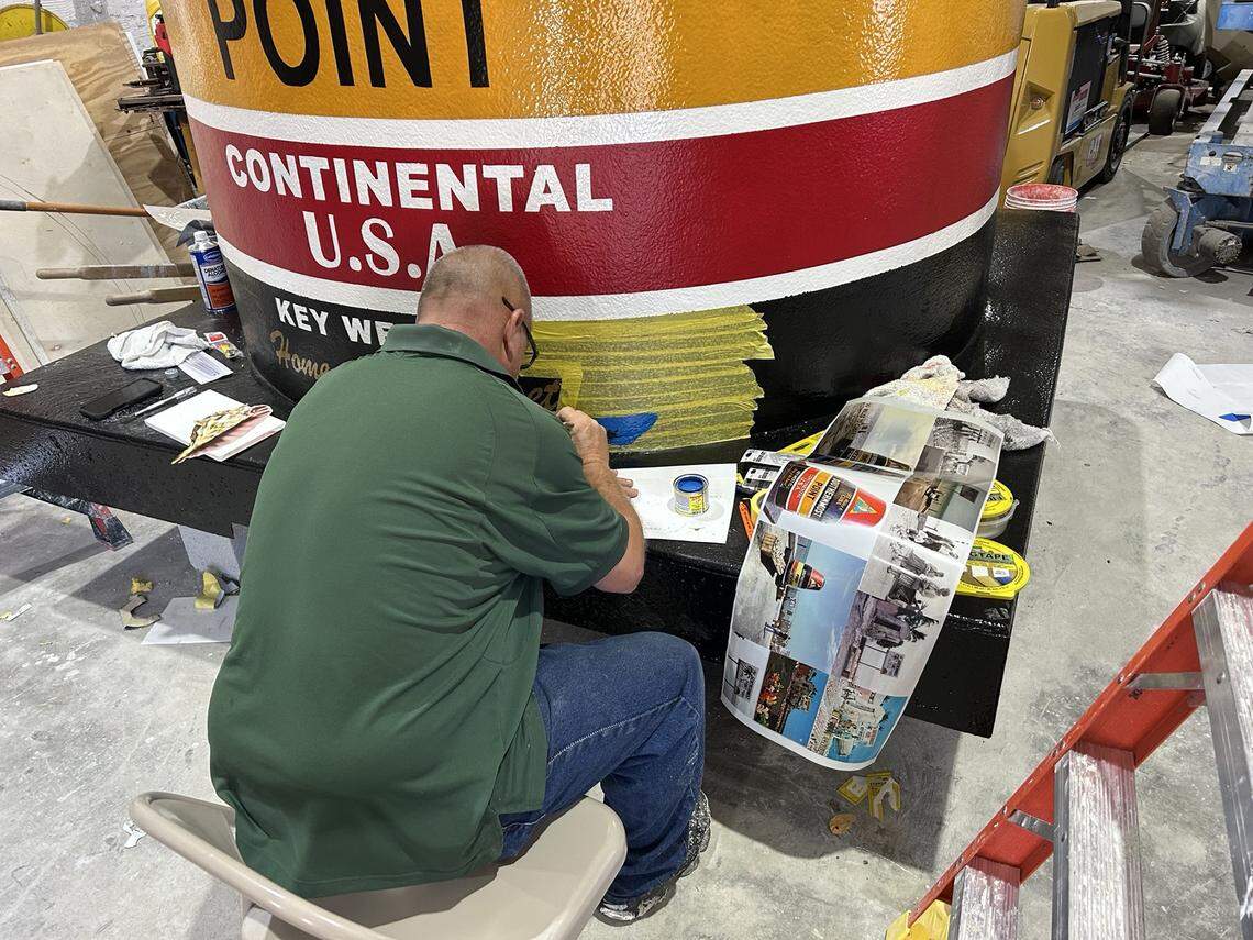 A work in progress shot of a replica Southernmost Buoy marker inside a work space in May 2025. Community Services’ Paul Cassidy is one of the people working on the temporary buoy while the park where the original sits undergoes repairs starting Sept. 4, 2025.