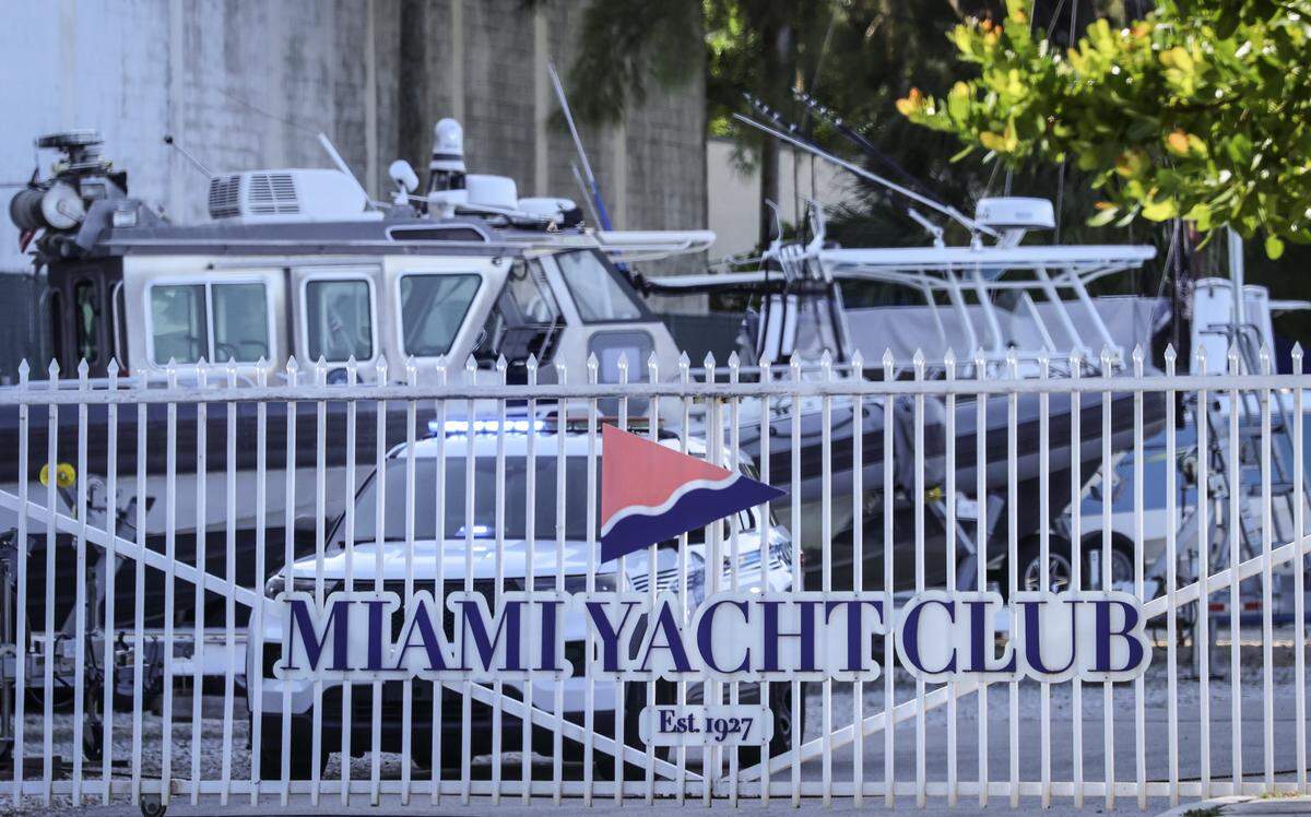 A Miami Police vehicle is parked inside the gate of the Miami Yacht Club on Monday, July 28, 2028, in Miami, Florida.