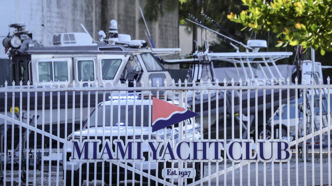 A Miami Police vehicle is parked inside the gate of the Miami Yacht Club on Monday, July 28, 2028, in Miami, Florida. Two girls from the club were killed and two were in critical conditon in the hospital Monday night after a barge hit their Miami Yacht Club sailboat carrying five campers and one counselor. 
