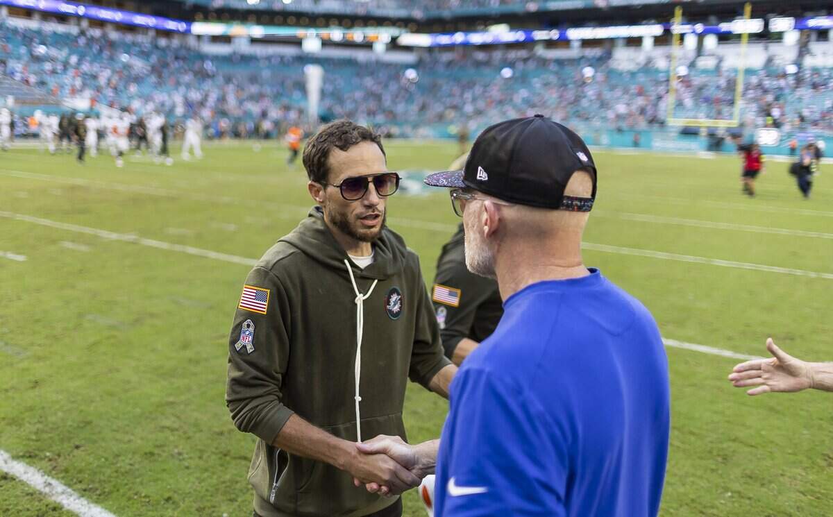 Miami Dolphins head coach Mike McDaniel and Buffalo Bills head coach Sean McDermott shake hands after their NFL game at Hard Rock Stadium on Sunday, Nov. 9, 2025, in Miami Gardens, Fla.