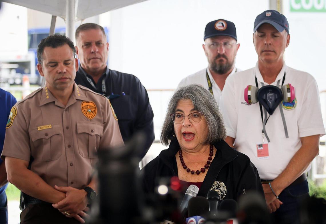 Mayor Daniella Levine Cava gives her remarks during the daily morning press conference outside the County’s operational center on Sunday, July 11, 2021.