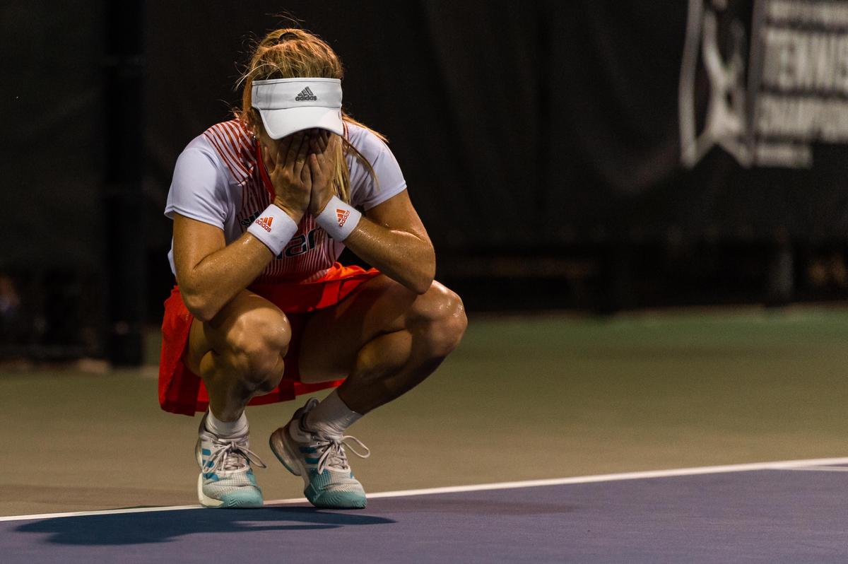 Miami Hurricanes student-athlete Estela Perez-Somarriba shown the moment she won the NCAA national singles tennis title in May 2019. Photo by Kevin Ortiz/Miami Athletics.
