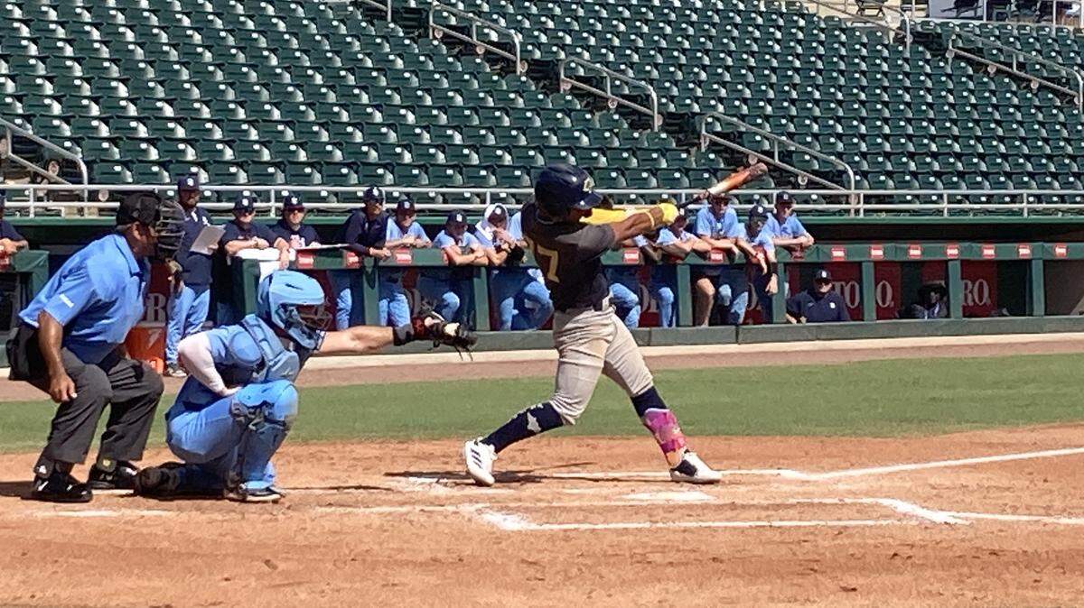 Schoolhouse Prep’s Maykel Gonzalez swings at a pitch during Thursday’s Class 1A state baseball semifinal at Hammond Stadium in Fort Myers, Fla.