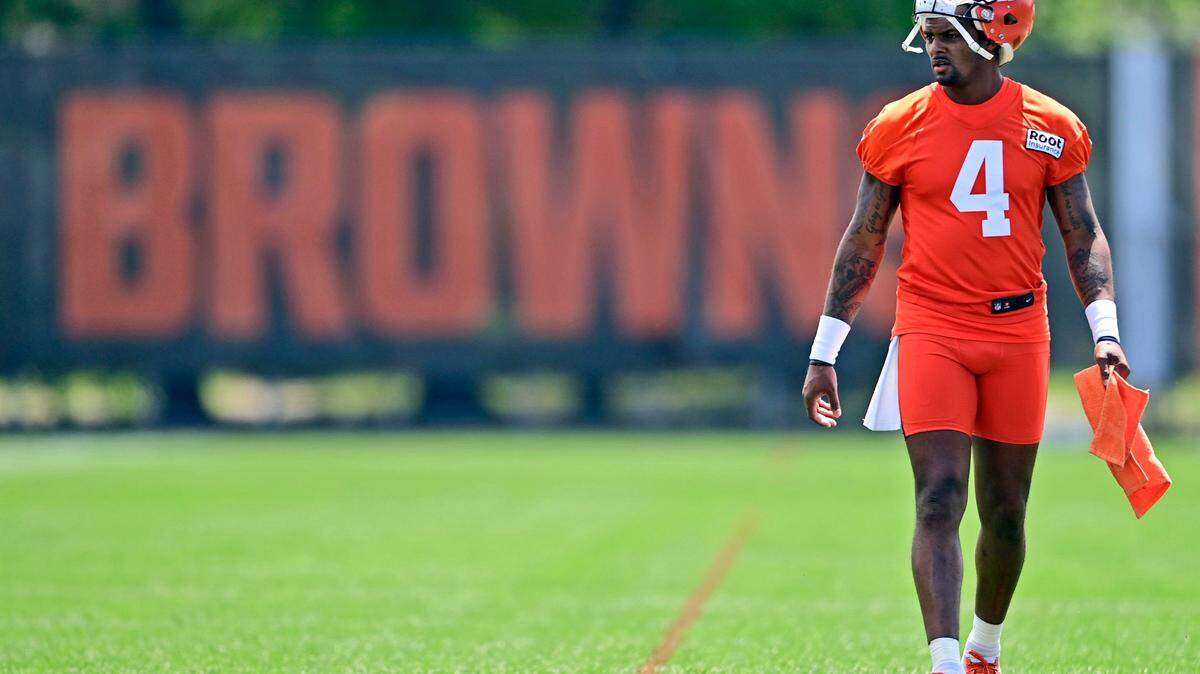 Cleveland Browns quarterback Deshaun Watson on field during NFL training camp in Berea, Ohio on July 29, 2022. Watson on Thursday saw his NFL suspension increased to 11 games with a $5 million fine over accusations of sexual misconduct brought by two dozen women.