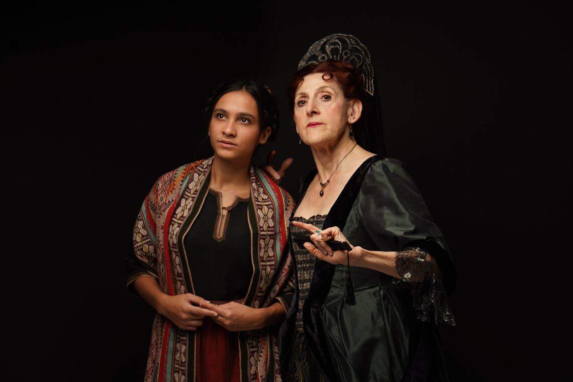 Marcela Jabes as Pepita serves as companion to Mary Lou Rosato’s Doña María in Miami New Drama’s “The Bridge of San Luis Rey.”