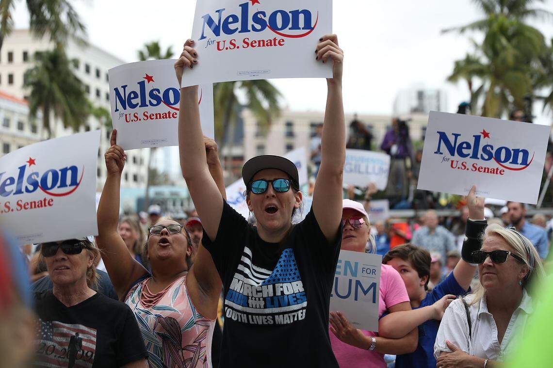 People attend a Get Out the Vote Rally for Sen. Bill Nelson, D-Fla., and Florida Democratic governor candidate Andrew Gillum at the Meyer Amphitheatre on November 3, 2018 in West Palm Beach. Jimmy Buffett performed at the event and encouraged people to vote for Sen. Nelson and Mayor Gillum who are in tight races against their Republican opponents.