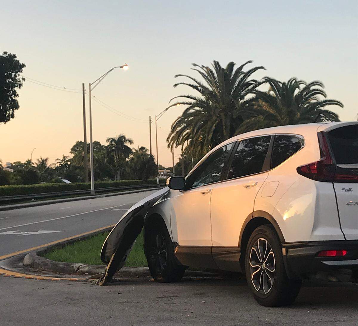 The white SUV had its hood damaged and the driver’s side window shattered.