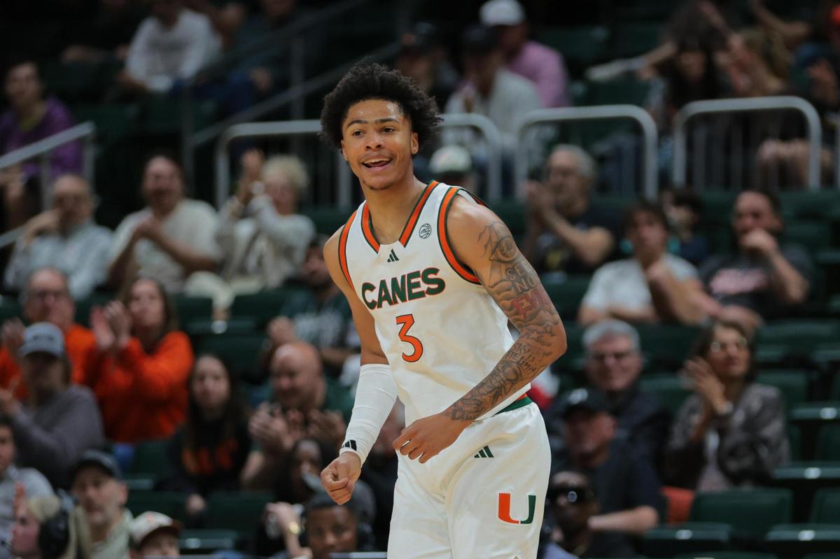 Dec 21, 2024; Coral Gables, Florida, USA; Miami Hurricanes guard Jalil Bethea (3) reacts after scoring against the Mount St. Mary’s Mountaineers during the first half at Watsco Center. Mandatory Credit: Sam Navarro-Imagn Images