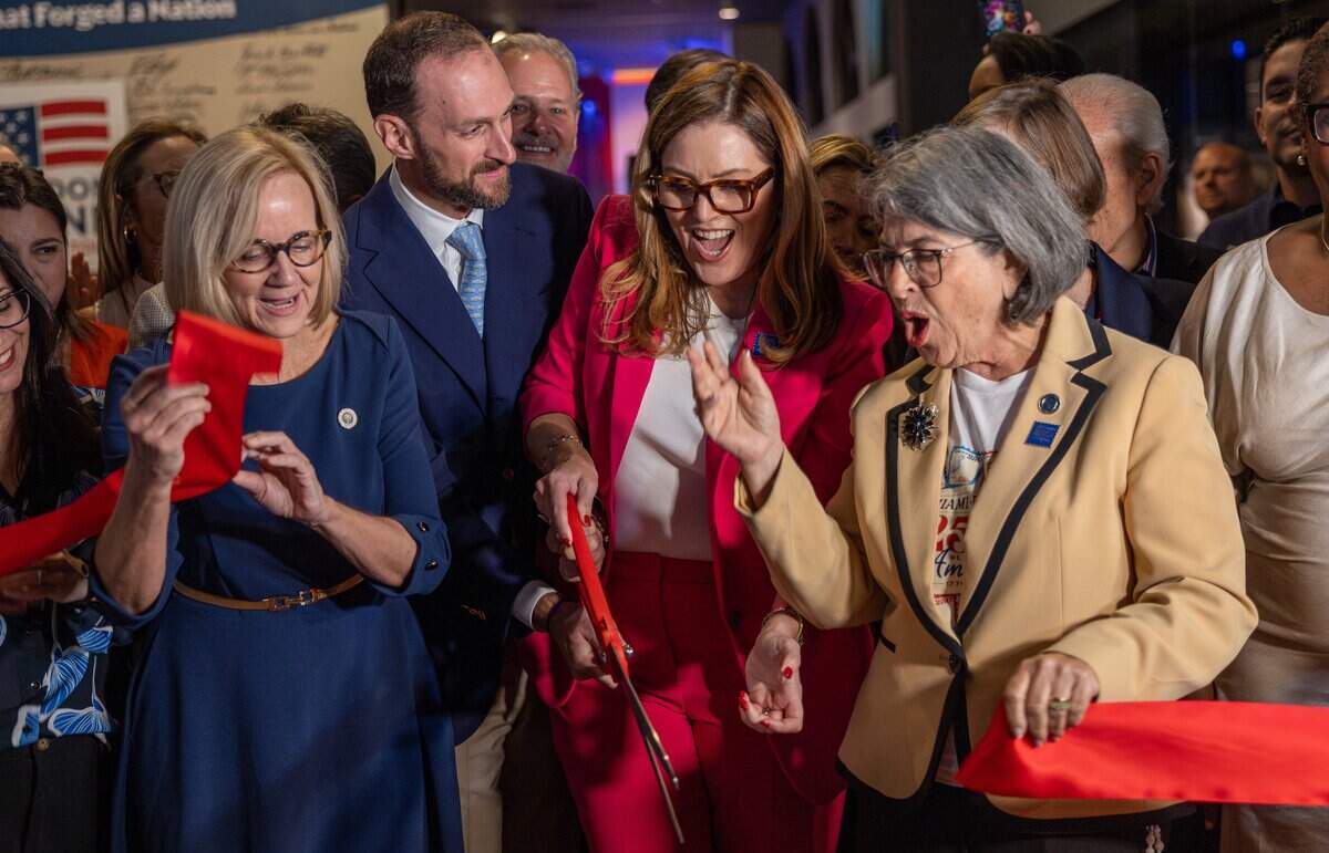 From left, Eileen Higgins, Mayor of Miami; Michael D. Gold, chair of the Museum of Miami Board of Trustees; Natalia Crujeiras, CEO of the Museum of Miami; and Daniella Levine Cava, Miami-Dade County mayor, participate in a ribbon-cutting ceremony for the “Documents that Forged a Nation” exhibit during a press preview at the Museum of Miami in Miami, Fla., on Wednesday, June 17, 2026.