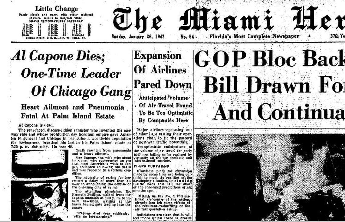 The front page of the Miami Herald announcing Al Capone’s death in January 1947.