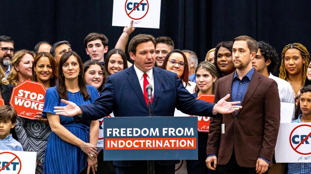 Florida Gov. Ron DeSantis addresses the crowd before signing HB 7, titled ‘Individual Freedom’ and also dubbed the ‘Stop Woke Act,’ during a press conference at Mater Academy Charter Middle/High School in Hialeah Gardens, Florida, on Friday, April 22, 2022. DeSantis also signed two other bills into laws, including a measure that would strip six special districts, including the Reedy Creek Improvement District where Walt Disney World is located, of their governmental powers, and one amending the “big tech” bill signed last year.