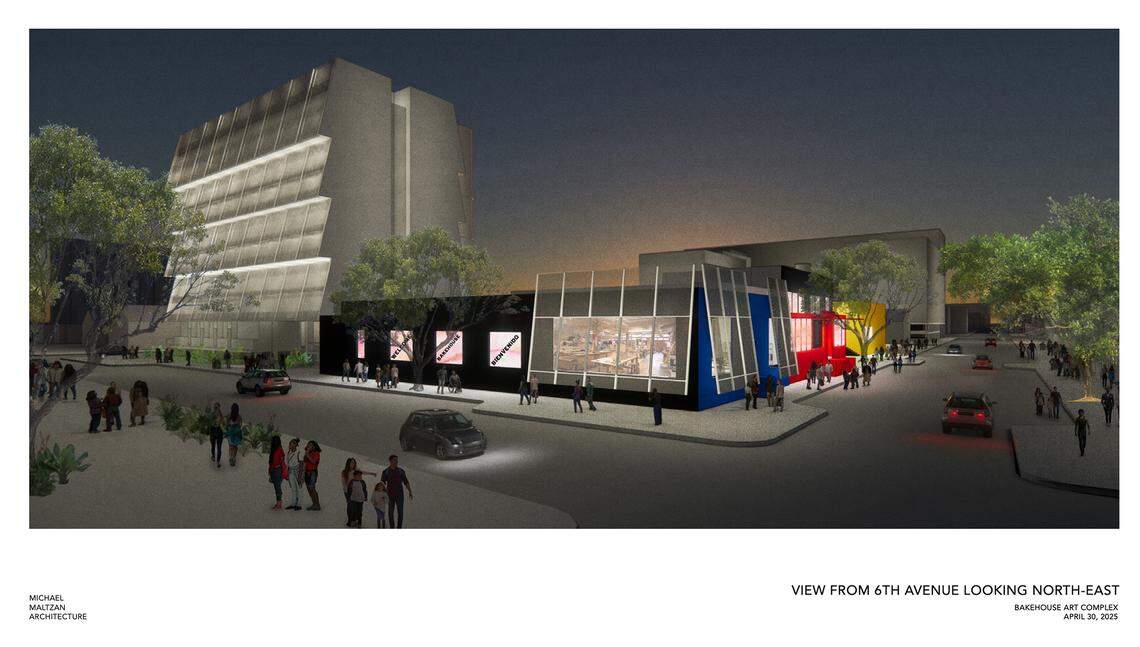 A rendering of Michael Matlzan Architecture’s vision for Wynwood’s Bakehouse Art Complex, which will include studio space, affordable housing, green space and exhibition space.