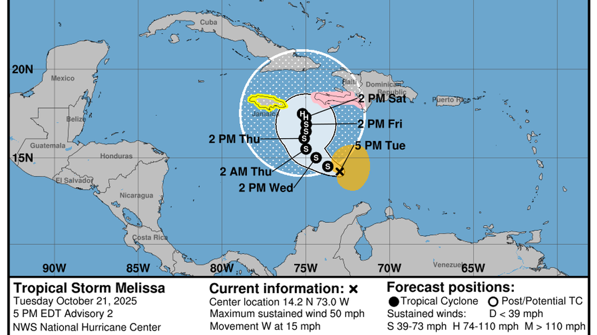 The 5 p.m. Tuesday update on Tropical Storm Melissa.