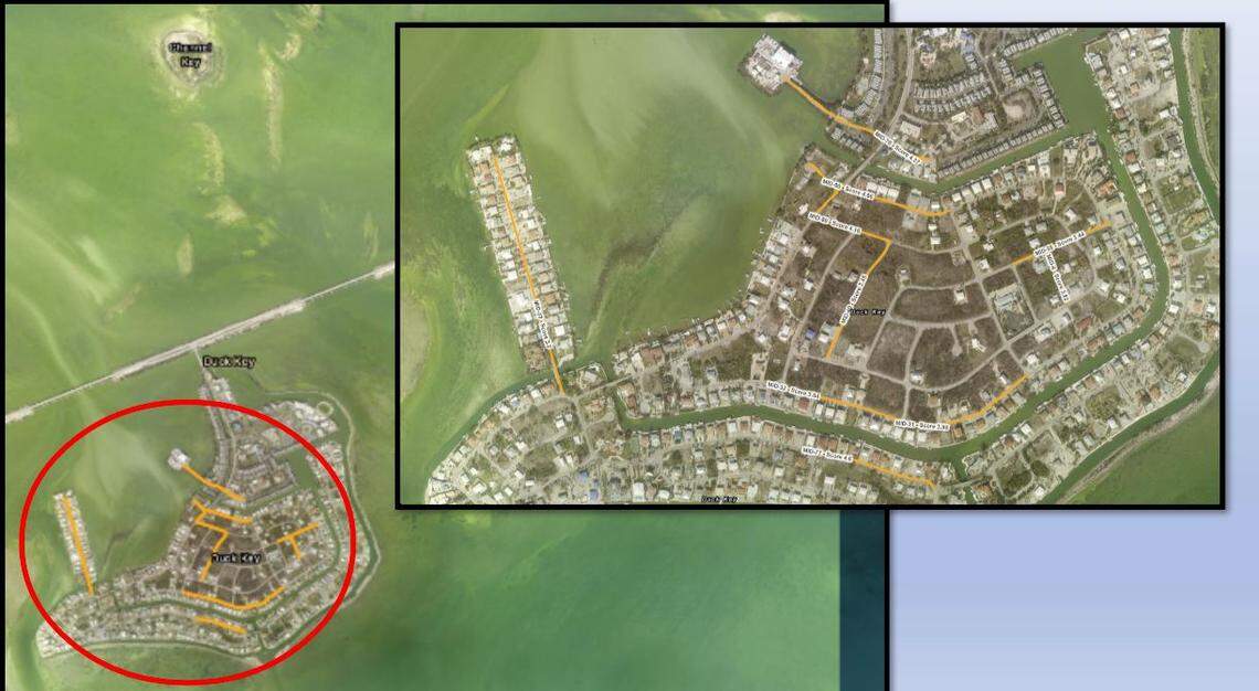 This map shows streets in Duck Key that could be part of the first group of roads Monroe County elevates to withstand the king tides of 2045.