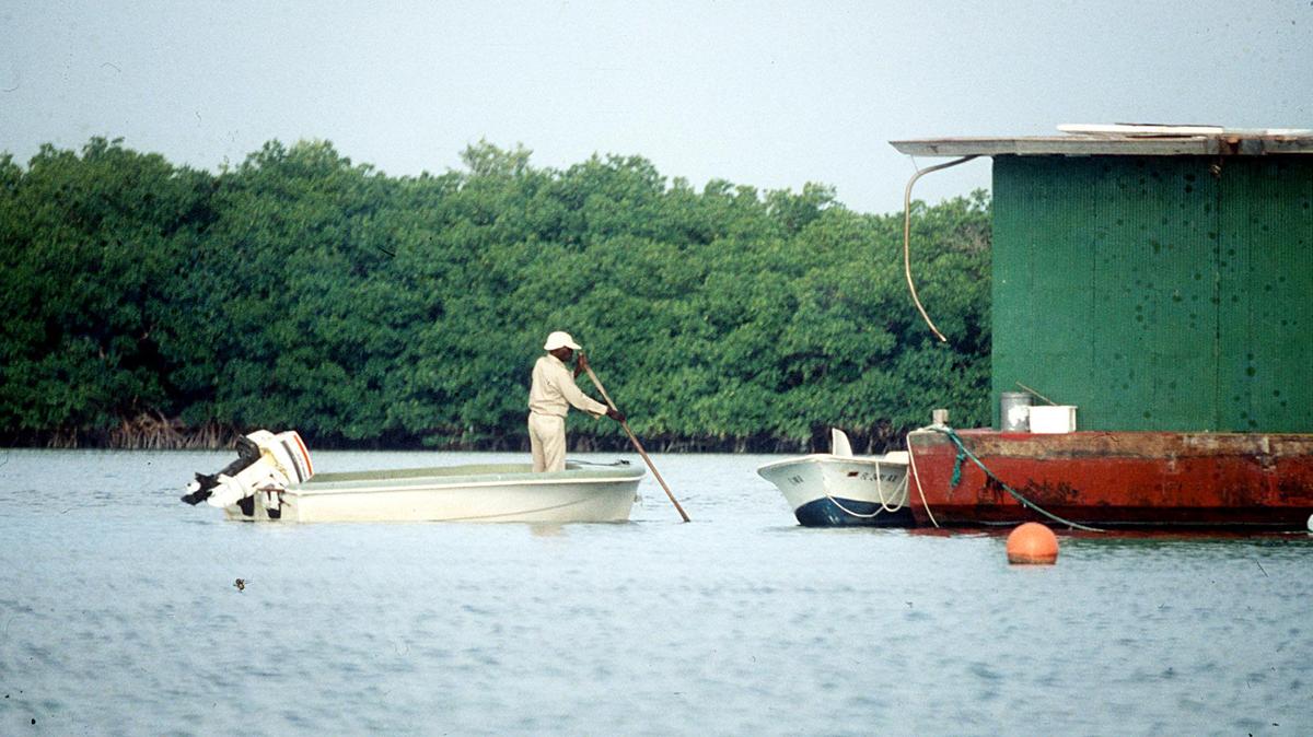 Lancelot Jones poles over to the caretaker’s houseboat near his home on Porgy Key in 1974.