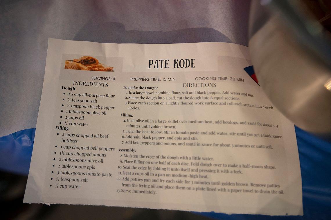 The recipe for Pate Kode, a Haitian savory pastry, is shared during the cooking class by Eatwell Exchange, a Miami nonprofit that teaches families how to prepare healthy meals from foods of their homeland. The class was at the Little Haiti Cultural Complex, Saturday, Sept. 7, 2024.