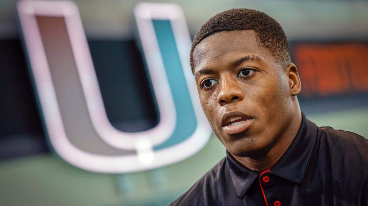 Miami Hurricanes defensive back D’Yoni Hill speaks to reporters at the University of Miami’s Carol Soffer Indoor Practice Facility on Tuesday, July 30, 2024.