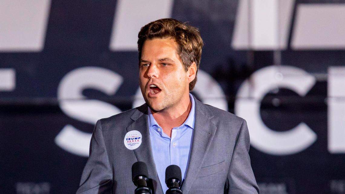 U.S. Representative Matt Gaetz speaks at the ‘Fighters against Socialism’ event at the Wings Over Miami Museum in Miami, Florida, on Sunday, October 11, 2020.