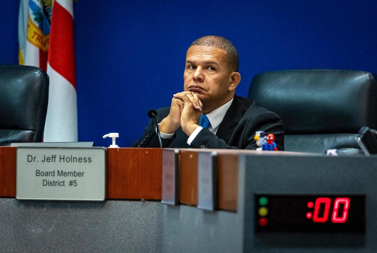 Fort Lauderdale, Florida - June 29, 2023 - Broward School Board member Dr. Steve Holness sits at his desk waiting for the meeting where the board will vote on the contract with the new superintendent to start. The meeting was adjourned because there was no quorum. The meeting was held at the Kathleen C. Wright Building 600 Southeast Third Avenue, Fort Lauderdale.