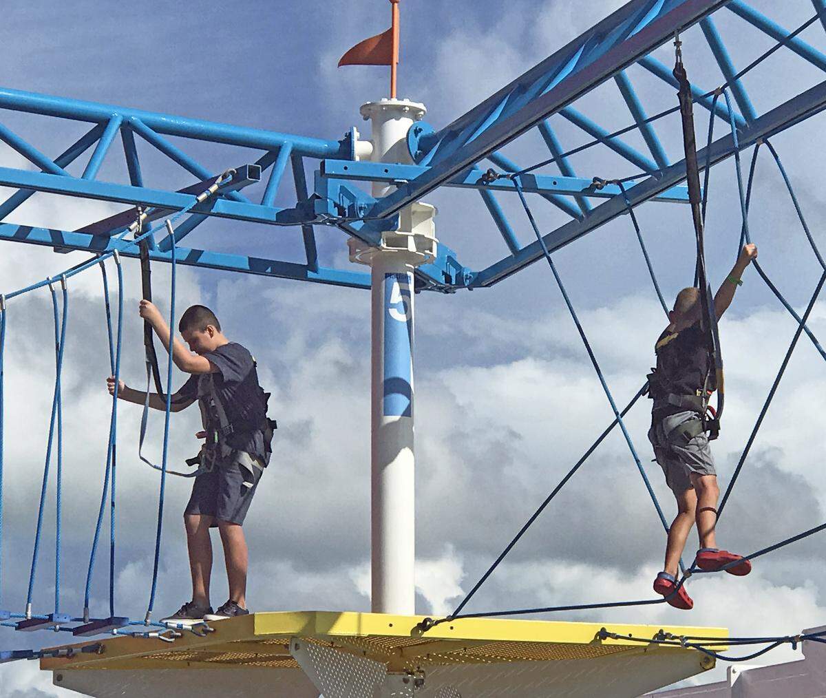 Some people had no qualms about the ropes course, high above the water on Carnival Horizon. Others hugged the nearest pole and refused to try to balance on the ropes.