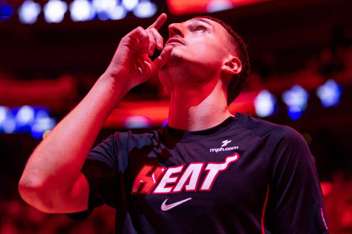Miami Heat forward Nikola Jovic (5) reacts before the start of the first half of an NBA preseason game against the Milwaukee Bucks at Kaseya Center on October 6, 2025, in Miami.
