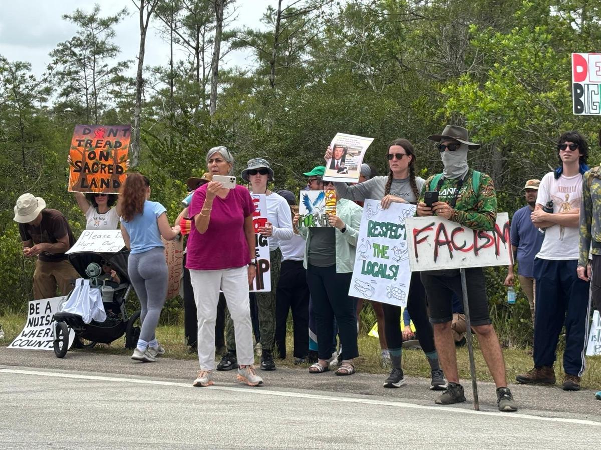 Ochopee, Florida, June 28, 2025 - Protesters outside of the Dade-Collier Training and Transition Airport where a detention center for undocumented immigrants is being built.