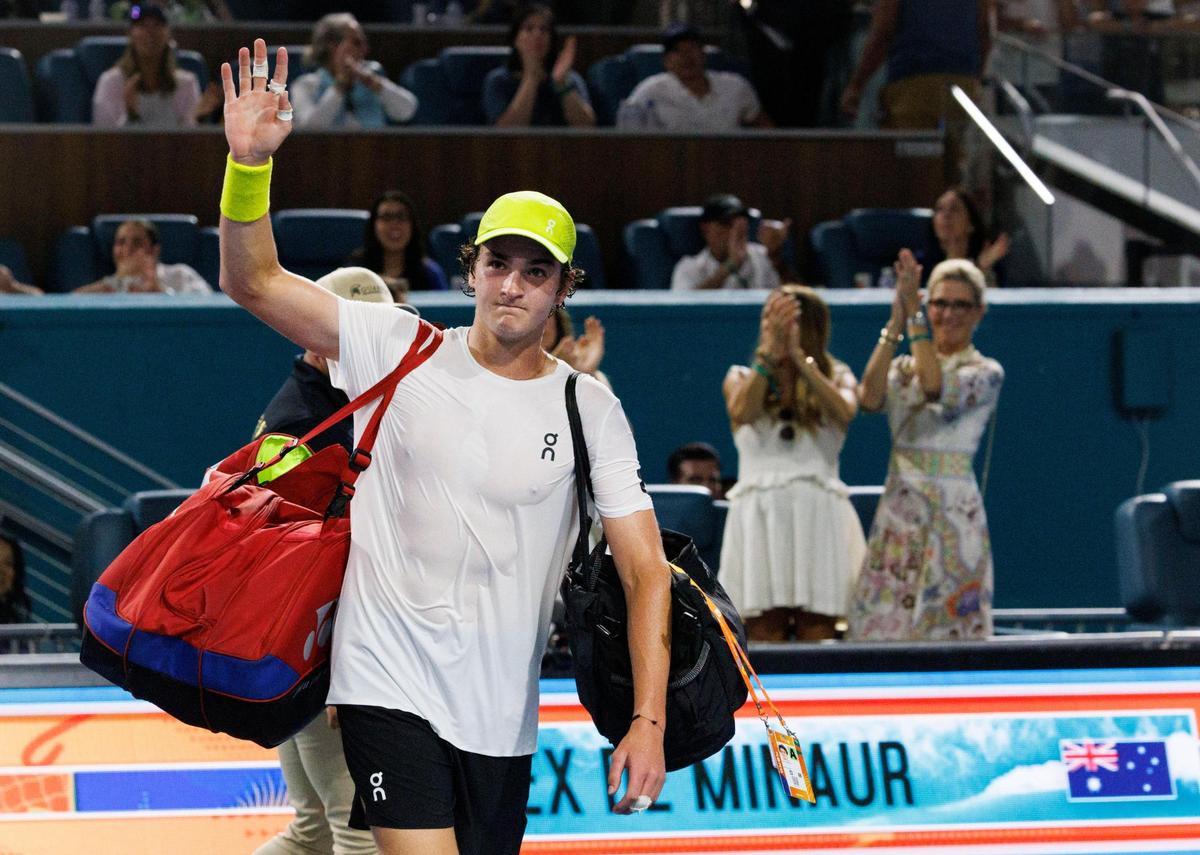 Joao Fonseca (BRA) waves to fans after losing to Alex de Minaur during the Miami Open on Monday, March 24, 2025, at Hard Rock Stadium in Miami Gardens, Fla.