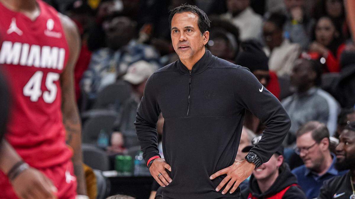Miami Heat head coach Erik Spoelstra reacts on the bench against the Atlanta Hawks during the second half at State Farm Arena.