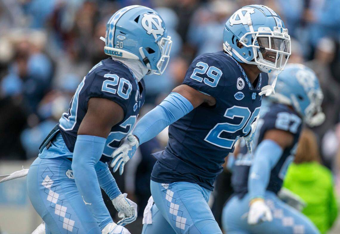 North Carolina’s Storm Duck (29) reacts after breaking up a pass intended for Wake Forest’s A.T. Perry (9) on fourth down, turning the ball over to North Carolina and securing their victory on Saturday, November 6, 2021 at Kenan Stadium in Chapel Hill, N.C.
