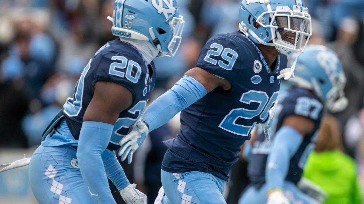 North Carolina’s Storm Duck (29) reacts after breaking up a pass intended for Wake Forest’s A.T. Perry (9) on fourth down, turning the ball over to North Carolina and securing their victory on Saturday, November 6, 2021 at Kenan Stadium in Chapel Hill, N.C.