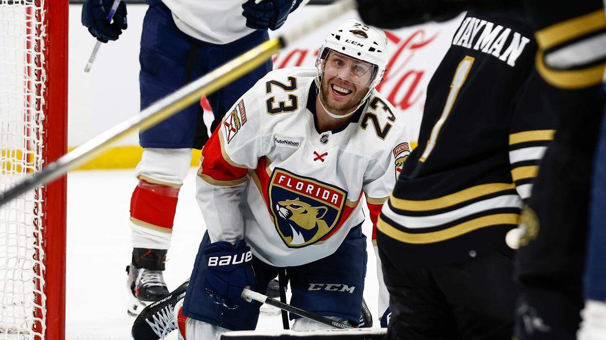 May 10, 2024; Boston, Massachusetts, USA; Florida Panthers center Carter Verhaeghe (23) smiles from his knees in the crease after scoring against the Boston Bruins during the second period of game three of the second round of the 2024 Stanley Cup Playoffs at TD Garden. Mandatory Credit: Winslow Townson-USA TODAY Sports
