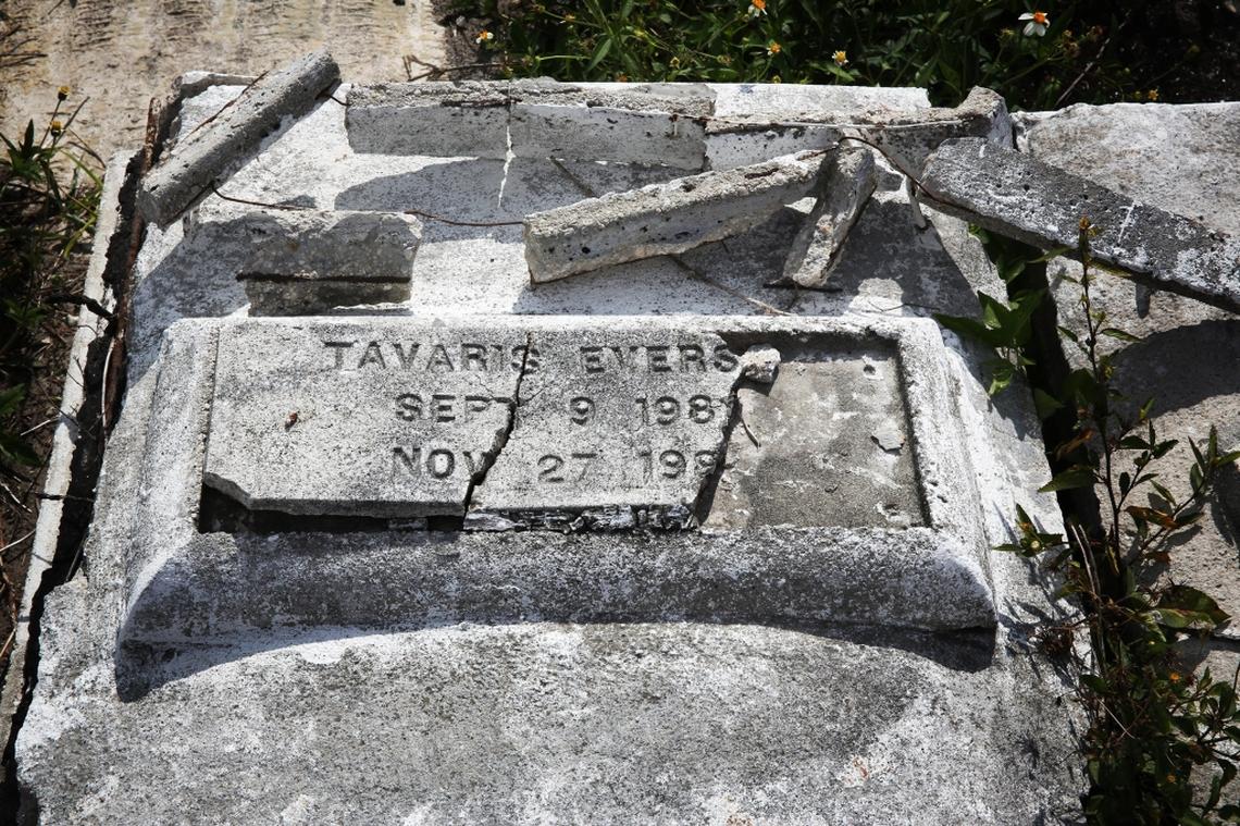 Damage done by vandals to a child's grave at the Lincoln Memorial Park cemetery in Brownsville. Nearby Evergreen Memorial Park Cemetery, was recently vandalized when graves were broken into and bones removed. Damage to graves and trespassing by drug addicts and Santeria worshippers who deposit offerings are ongoing problems at Miami's oldest graveyards.