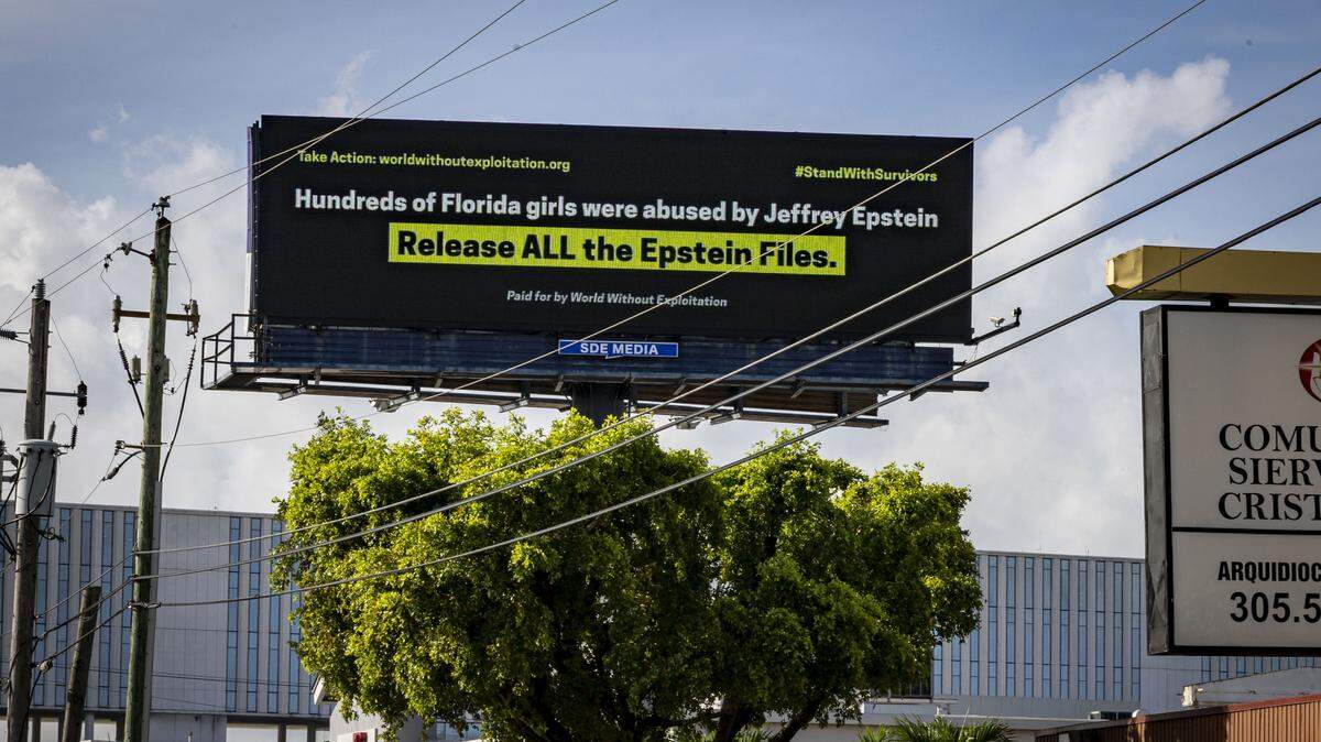 A billboard near the 25th Street exit on southbound State Road 826 in Doral, Fla., displays a message reading, “Hundreds of Florida girls were abused by Jeffrey Epstein. Release all the Epstein files,” on Oct. 28, 2025.
