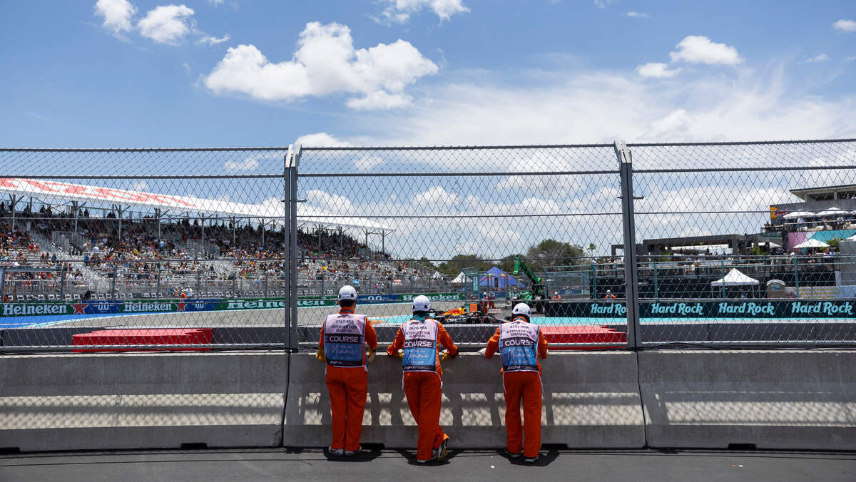 Intervention Marshals watch as drivers participate in a practice session on the first day of the Formula One Miami Grand Prix at the Miami International Autodrome on Friday, May 2, 2025, in Miami Gardens, Fla.