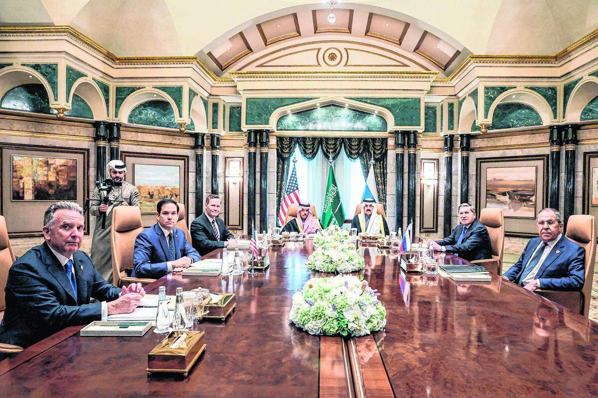 (L to R) US Middle East envoy Steve Witkoff, Secretary of State Marco Rubio, National Security Advisor Mike Waltz, Saudi Arabia's Foreign Minister Prince Faisal bin Farhan al-Saud, National Security Advisor Mosaad bin Mohammad al-Aiban, the Russian president's foreign policy advisor Yuri Ushakov, and Russia's Foreign Minister Sergei Lavrov attend a meeting together at Riyadh's Diriyah Palace on Feb. 18, 2025. 