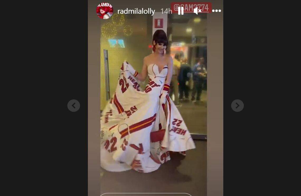 Lolly’s white gown for Game 2 at FTX Arena Wednesday night