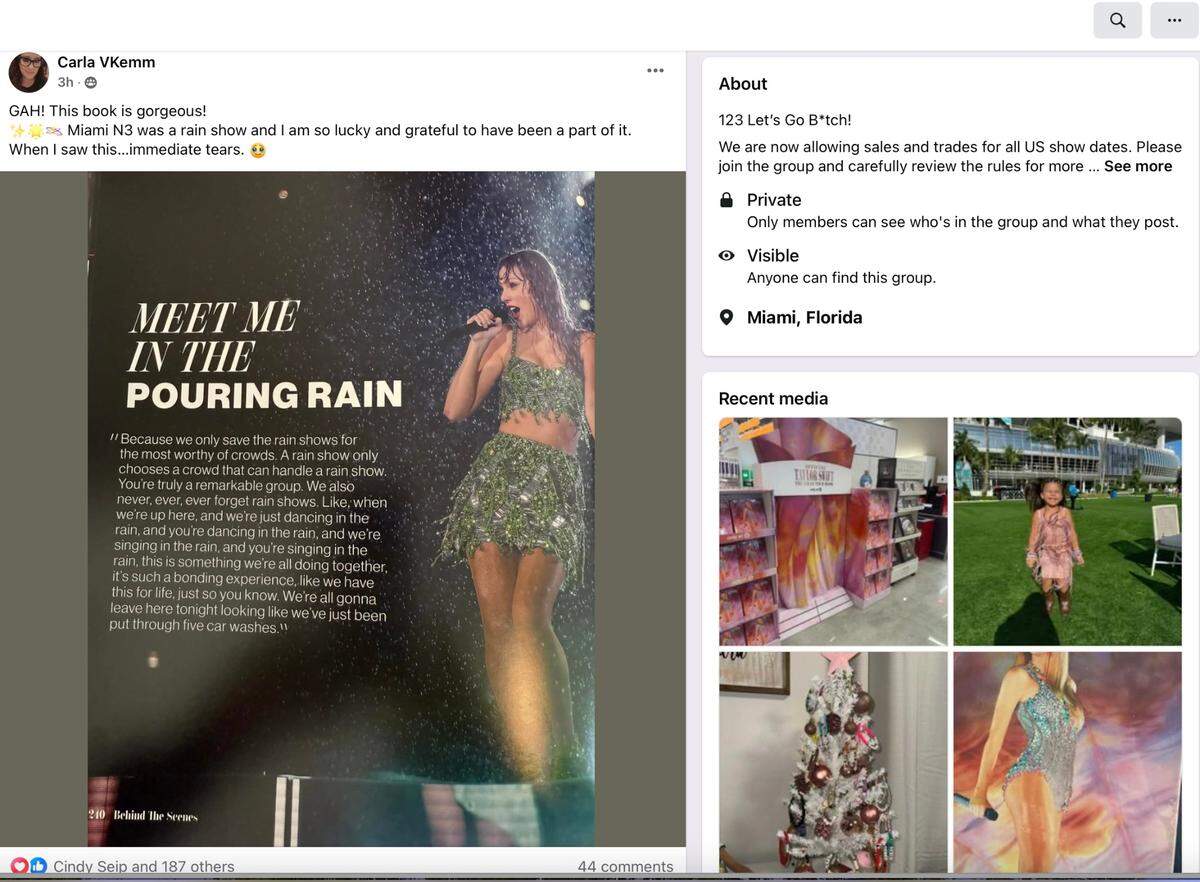 Carla VKemm posted a page from Taylor Swift’s “The Eras Tour” book that went on sale at Target stores nationwide on Nov. 29, 2024. “Miami N3 was a rain show and I am so lucky and grateful to have been a part of it,” she wrote next to a photo of a rain show page from the book on the Facebook group, Taylor Swift Miami Eras Tour Alumni & Friends. “When I saw this … immediate tears.” Swift’s Oct. 18 and 20, 2024, concerts at Hard Rock Stadium in Miami Gardens were rain shows.