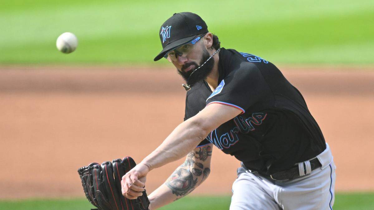 Apr 22, 2023; Cleveland, Ohio, USA; Miami Marlins starting pitcher Devin Smeltzer (38) delivers a pitch in the first inning against the Cleveland Guardians at Progressive Field. Mandatory Credit: David Richard-USA TODAY Sports