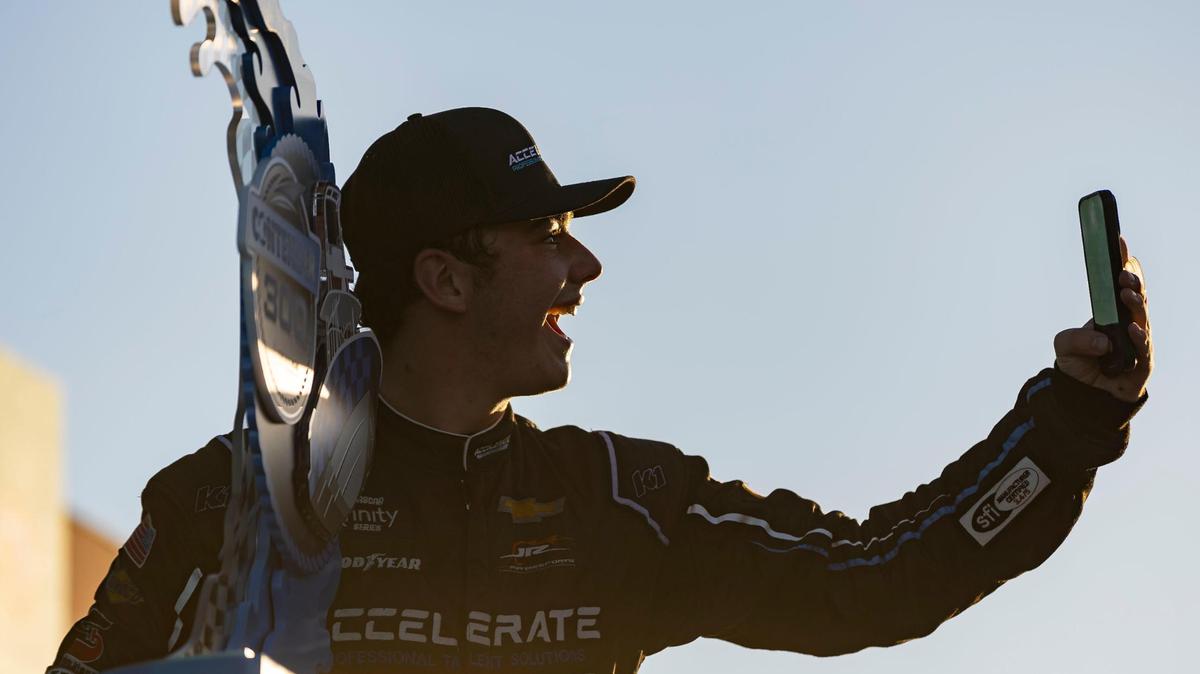 Sam Mayer #1 with JR Motorsports celebrates with his teammates after winning the Contender Boats 300 NASCAR Xfinity Series playoff race at the Homestead-Miami Speedway on Saturday, Oct. 21, 2023, in Homestead, Fla.