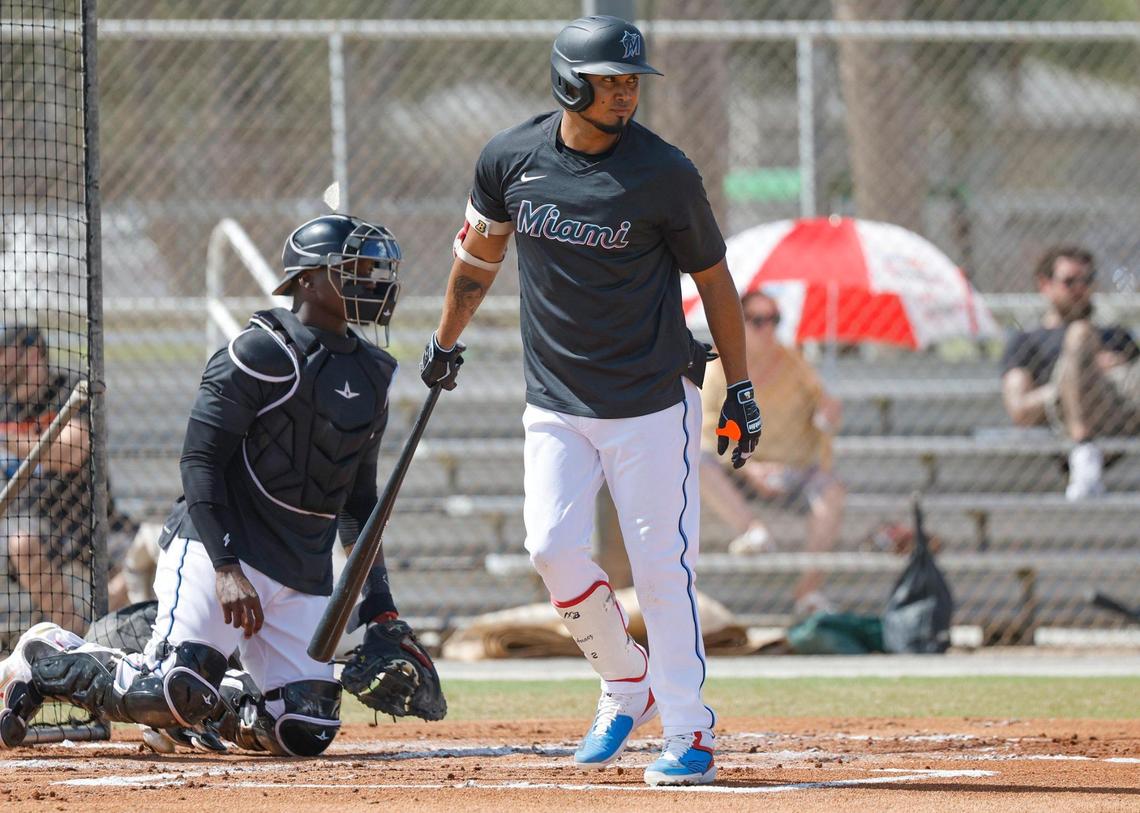 Miami Marlins infielder Luis Arraez walks back after a live batting practice session at Roger Dean Chevrolet Stadium in Jupiter, Florida on Tuesday, February 21, 2023.