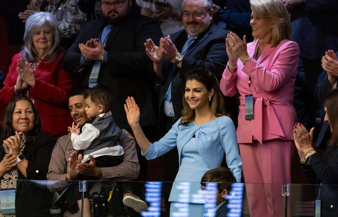 First Lady Casey DeSantis waves as her husband, Gov. Ron DeSantis, delivers his State of the State address during the first day of the legislative session in Tallahassee on March 4.