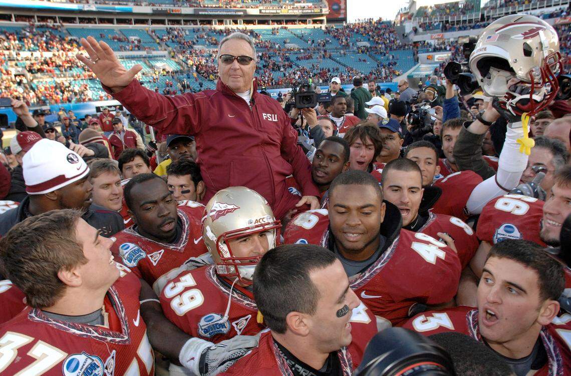 In this Jan. 1, 2010, file photo, Florida State head coach Bobby Bowden is carried on the shoulders of his players after their 33-21 win over West Virginia in the Gator Bowl NCAA college football game in Jacksonville, Fla. Bowden, the folksy Hall of Fame coach who built Florida State into an unprecedented college football dynasty, has died. He was 91. Bobby’s son, Terry, confirmed to The Associated Press that his father died at home in Tallahassee, Fla., surrounded by family early Sunday, Aug. 8, 2021.