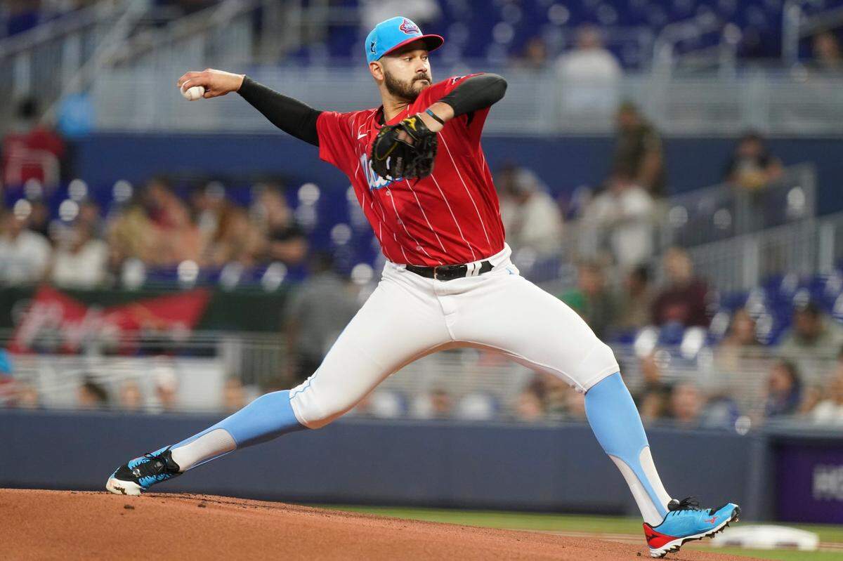 Miami Marlins starting pitcher Pablo Lopez (49) throws a pitch during the first inning of a baseball game against the San Francisco Giants, Saturday, June 4, 2022, in Miami.