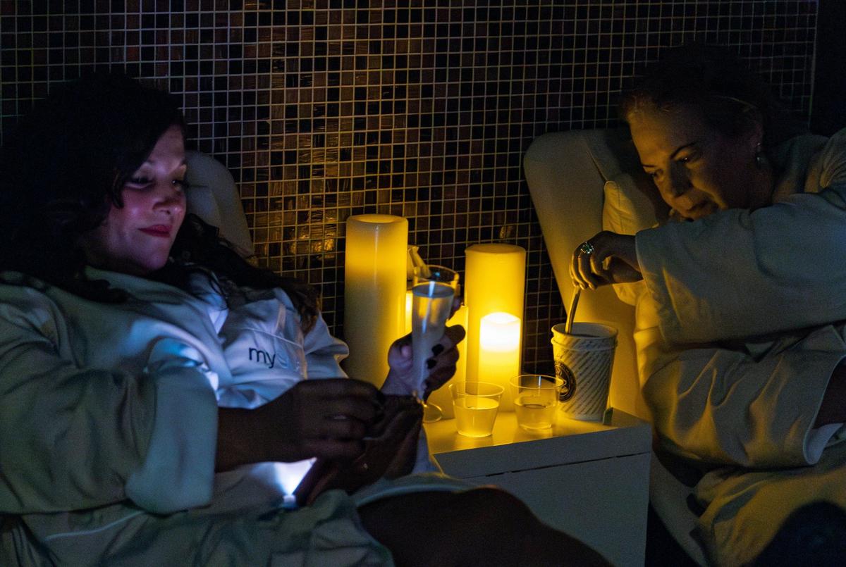 Former school administrators Mary Pineiro (left) and Sharon Gonzalez (right) decide to relax on the first day of school in Miamid-Dade at the InterContinental Hotel spa downtown on Thursday, August 15, 2024 in Miami, Fla.