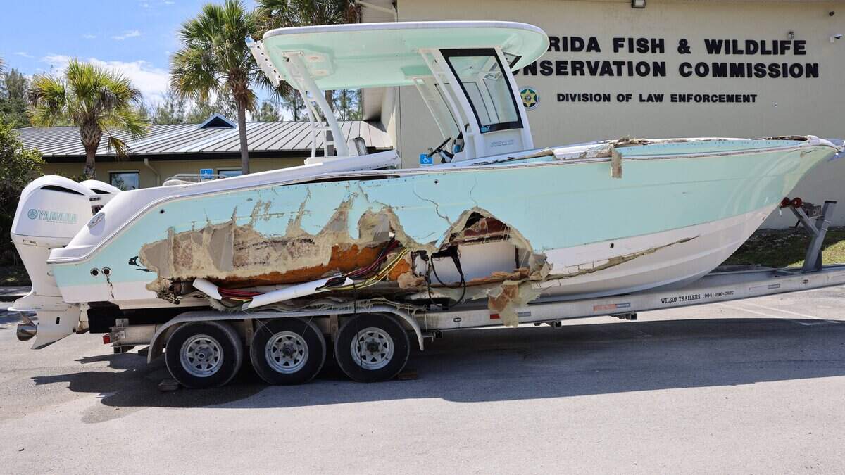 The wrecked boat belonging to Doral real estate broker George Pino is made available to members of press after the departure of the jurors in the manslaughter trial of Pino on Thursday, June 11, 2026 at he Florida Fish and Wildlife Conservation Commission storage yard in North Miami, Florida. He crashed the vessel on Sept. 4, 2022, killing a 17-year-old girl, Lucy Fernandez, and severely injuring another teen, Katerina 'Katy' Puig.