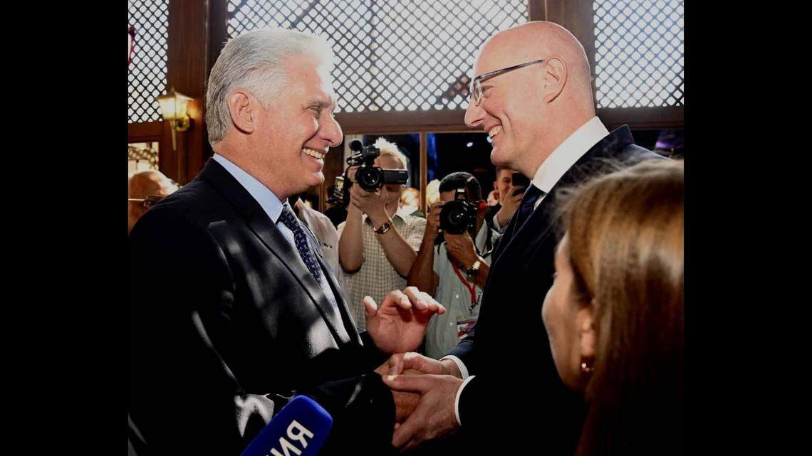Cuba’s appointed president, Miguel Díaz-Canel (left) greets Russia’s deputy prime minister Dmitry Chernyshenko during a business event on Friday, May 19, 2023 in Havana.