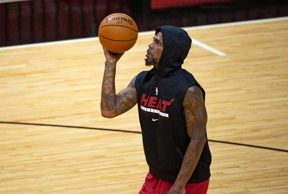 Miami Heat forward Udonis Haslem during practice before the start of an NBA basketball preseason game against the New Orleans Pelicans at AmericanAirlines Arena on Monday, Dec. 14, 2020.