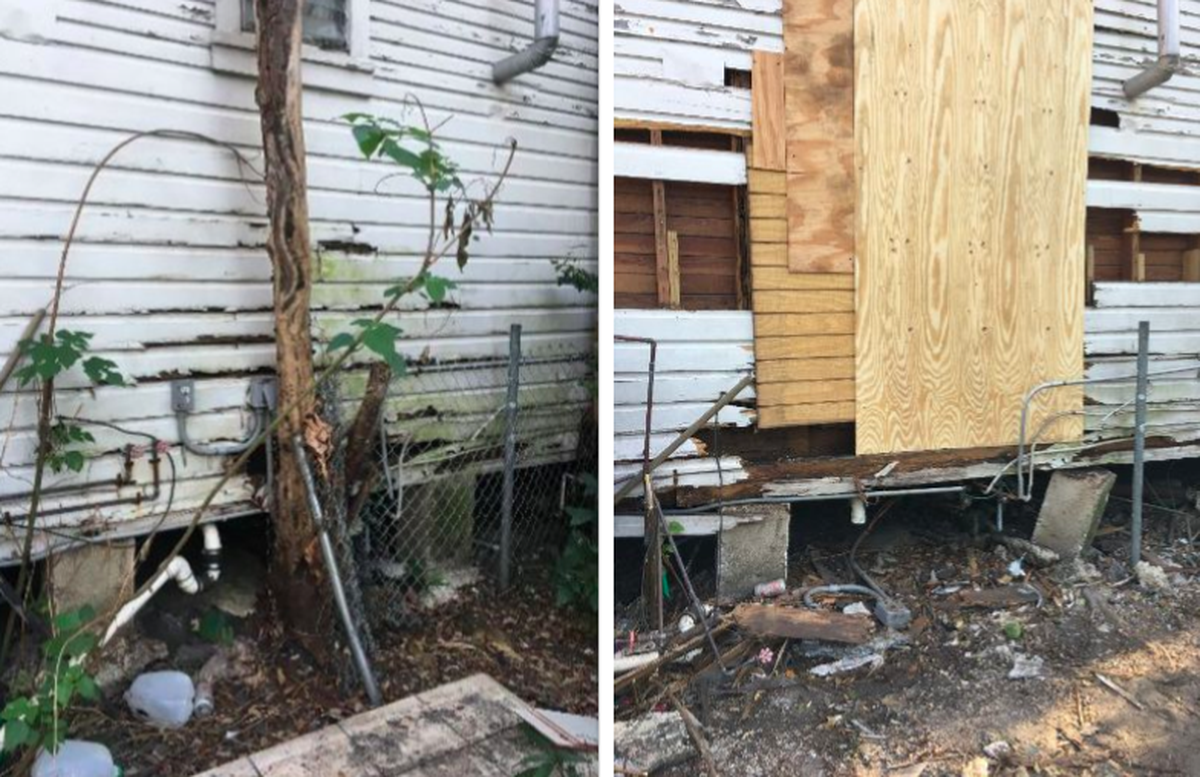 Photographs from February (left) and March show damage to the back facade of 3295 and 3297 Charles Ave. The city of Miami attorney’s office sent a cease and desist letter to the owner in April.